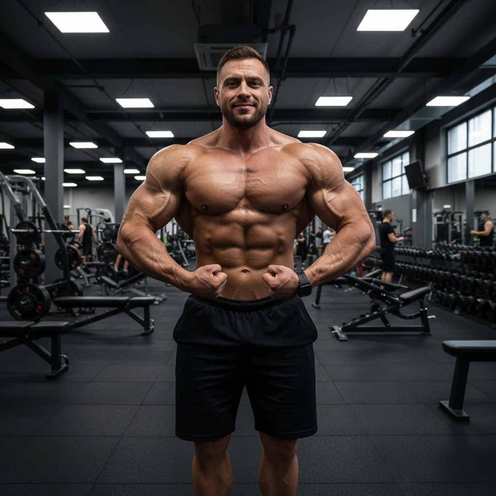 Large muscular male fitness coach in gym setting, powerful physique