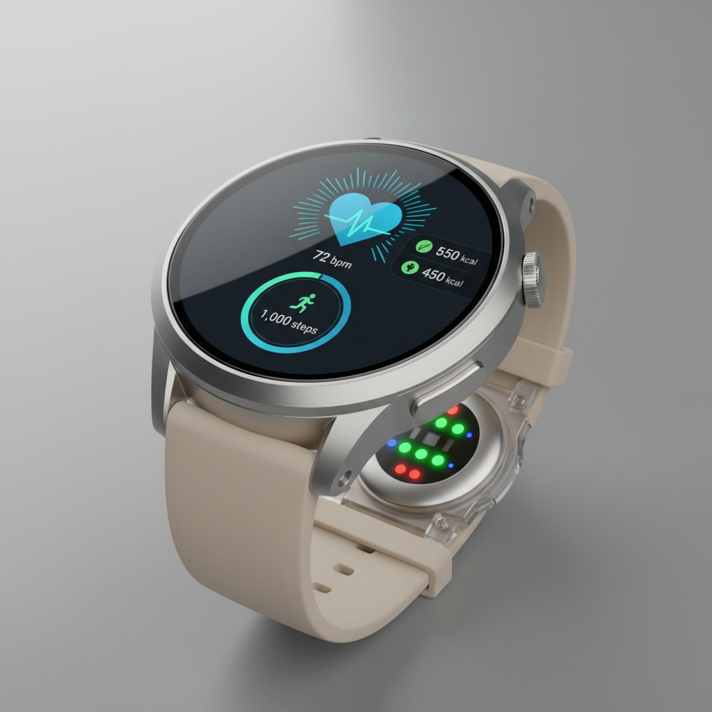 Samsung smartwatch with round face showing health metrics on dark surface