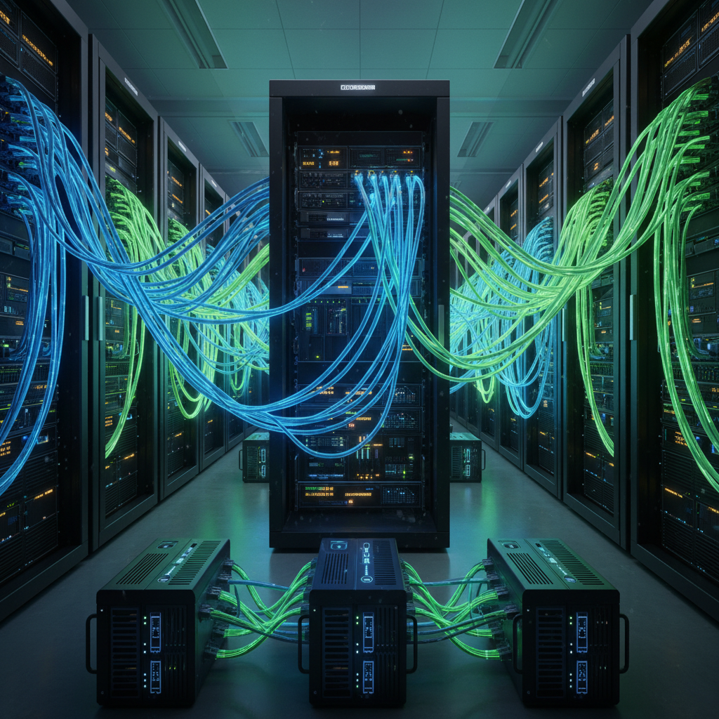 Dark server room with blue glowing screens and network cables