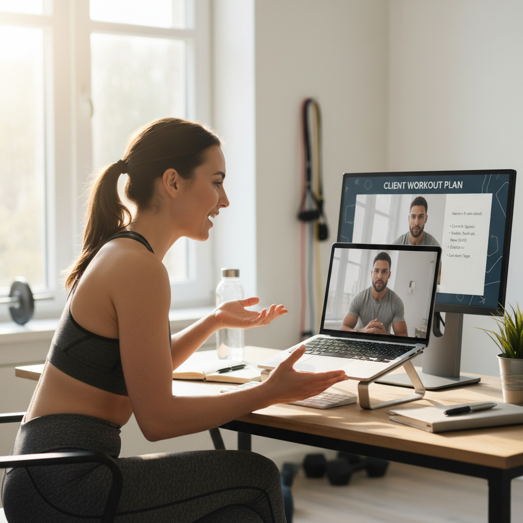 Online fitness coaching session with laptop showing workout plan and accountability tracking