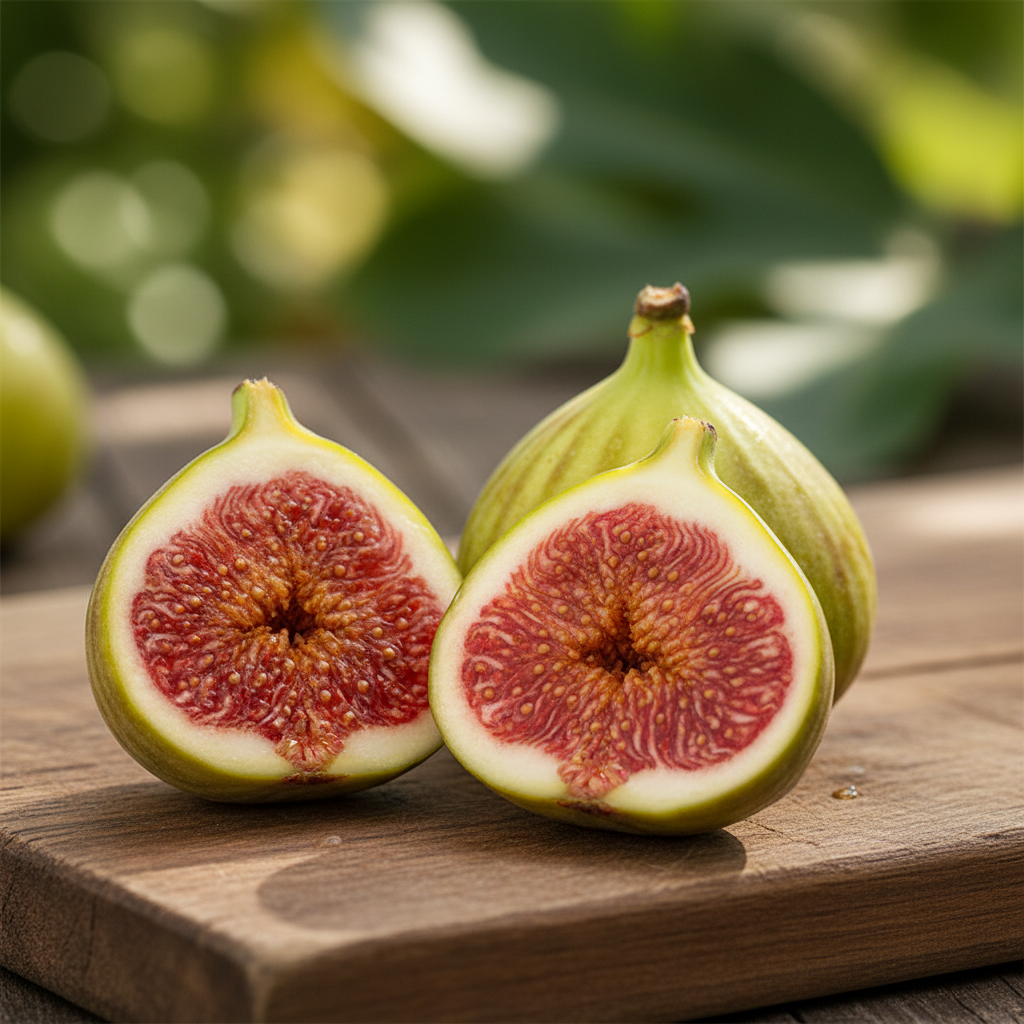 Tiger fig with distinctive green and yellow striped exterior, cross-section showing deep red-pink flesh