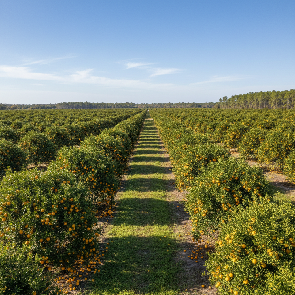 Florida citrus grove with well-maintained tree height, organized canopy tops against blue sky, commercial grove rows extending into the distance