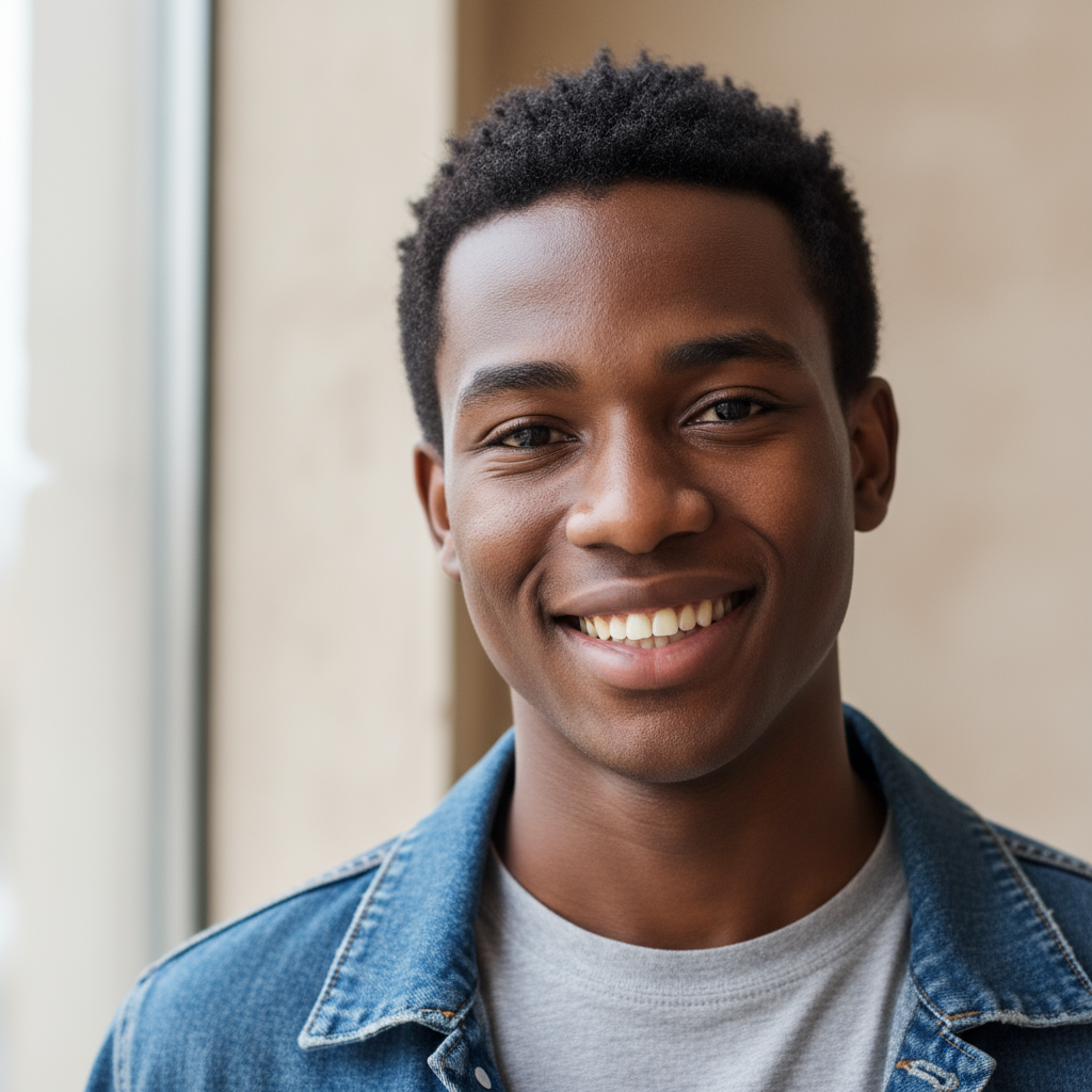 Young male student portrait, casual shirt, friendly expression, neutral background