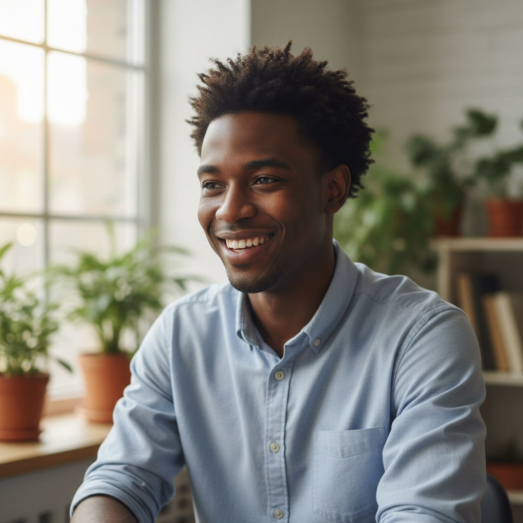 Tyler Osei-Mensah Shopify merchant with natural hair smiling in casual setting