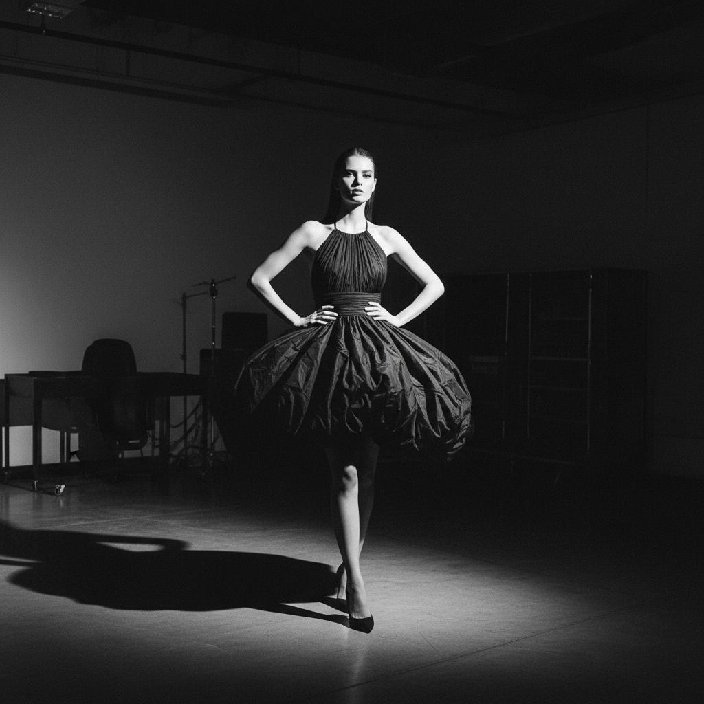 Modelo femenina con vestido negro ajustado en sesión fotográfica de moda en estudio