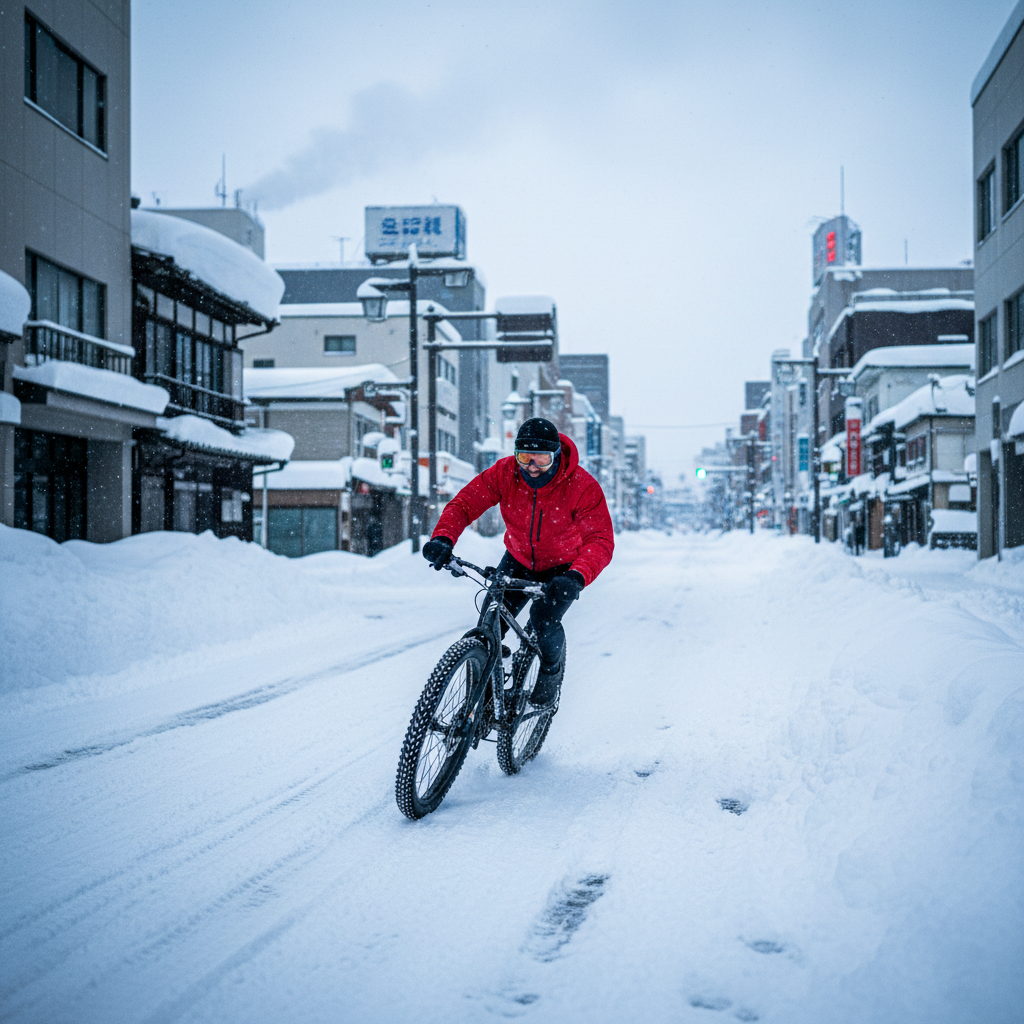 Yuki Tanaka, winter cyclist from Sapporo, wearing thermal cycling gear