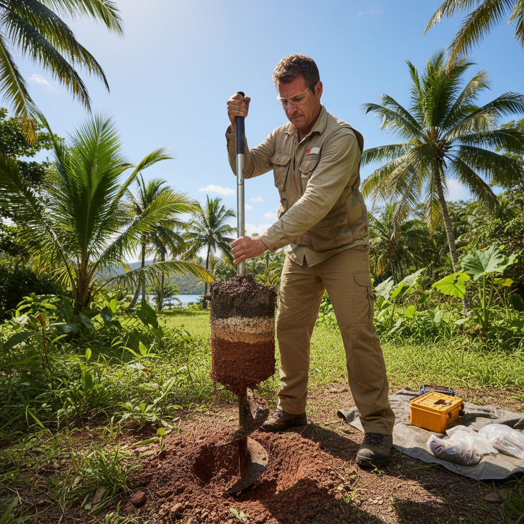 On-site soil testing being conducted at Queenhythe, technician extracting soil core sample in tropical outdoor setting, bright daylight
