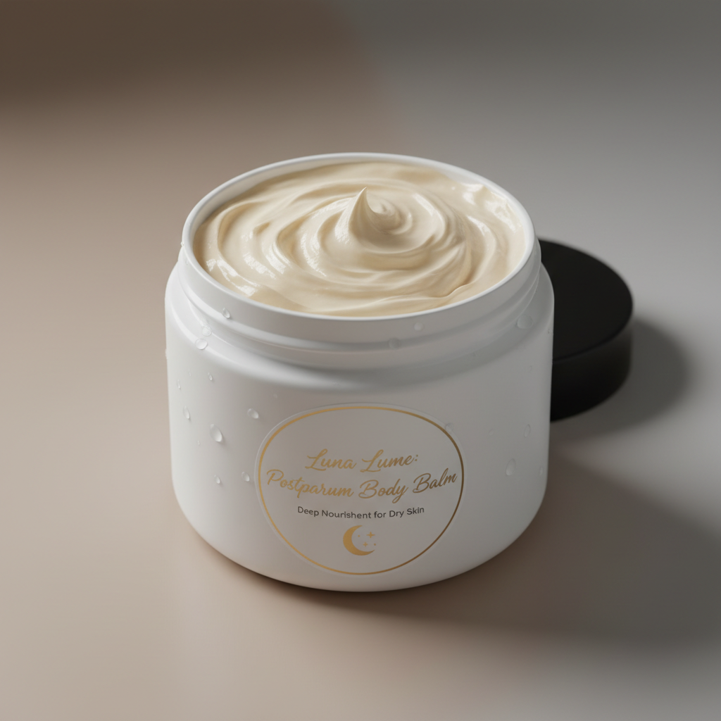 Ceramic jar of postpartum body butter with eucalyptus sprig beside it