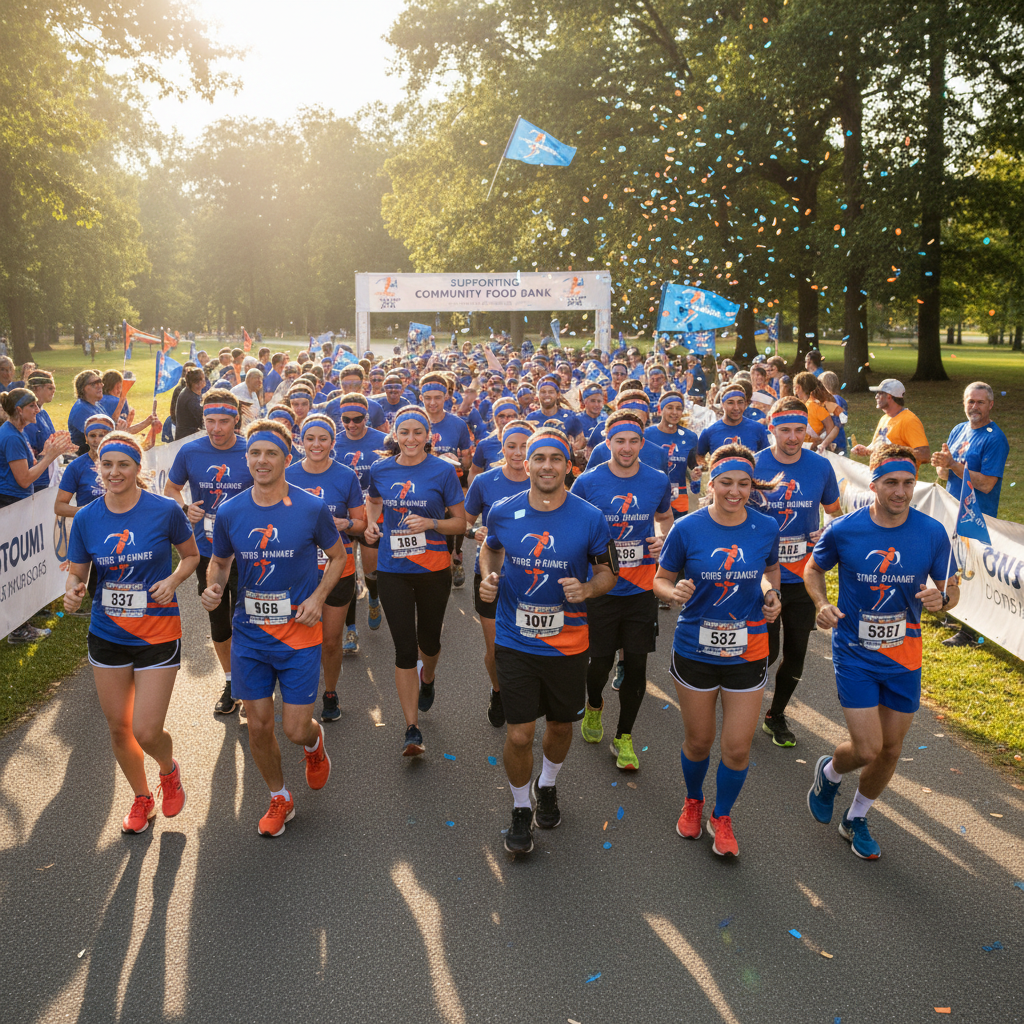 Group of charity runners posing before a race with matching team shirts