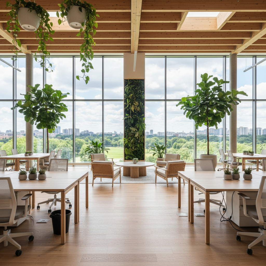 Modern green office building with solar panels, plants, and energy-efficient design features
