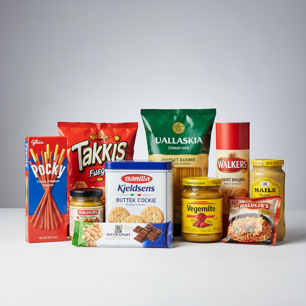 Colorful FMCG product assortment on supermarket shelves, packaged goods in organized retail display, bright commercial lighting