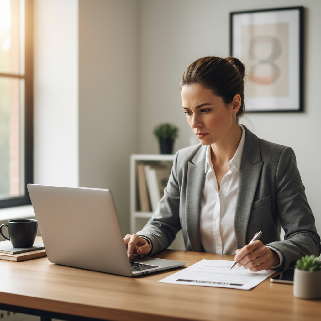 Person reviewing a resume document at a clean desk with a laptop, warm office lighting, professional environment