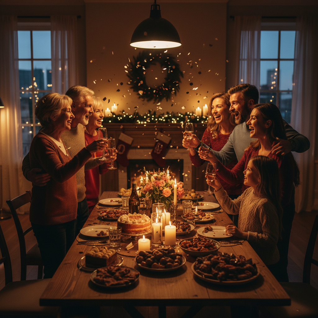A multigenerational family mid-celebration, faces glowing warm gold against dark shadow, confetti frozen mid-air