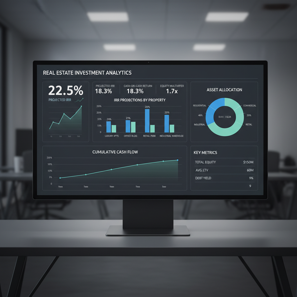 Professional real estate investment dashboard with clean IRR projections and analytics