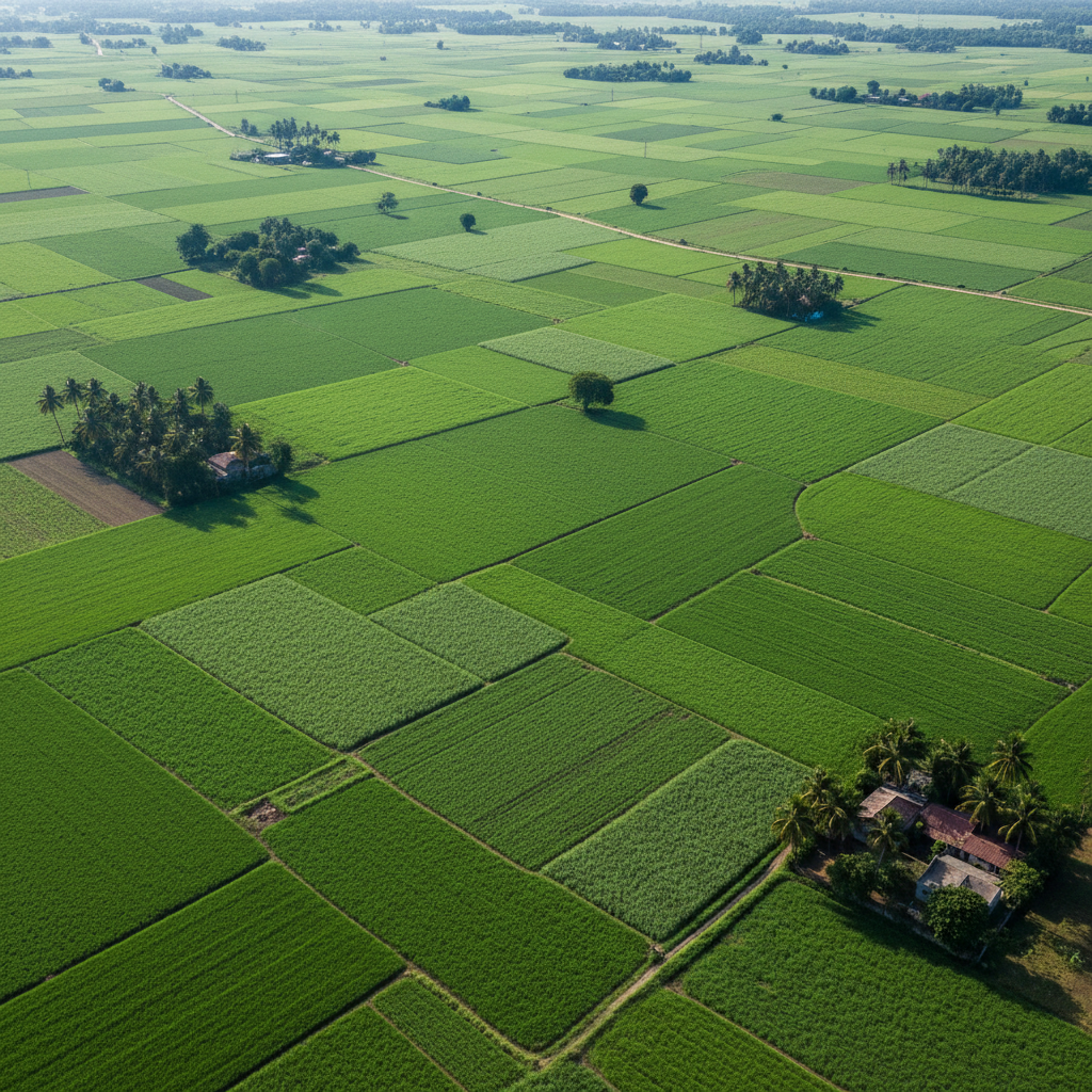 Aerial view of lush green agricultural fields and countryside landscape