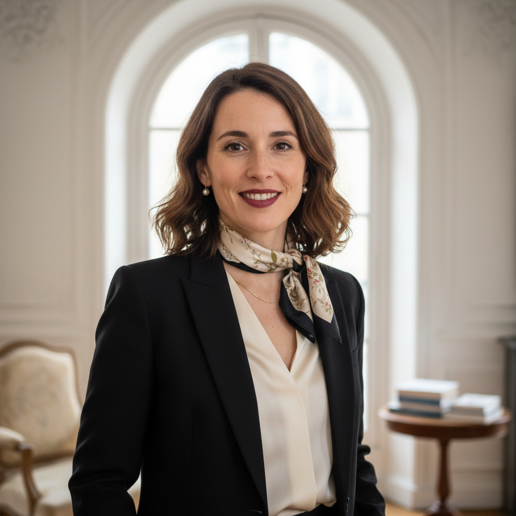 French woman in her late 20s with professional appearance, creative strategist with warm demeanor