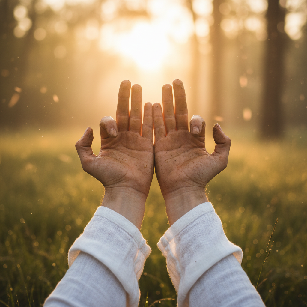Close up of hands in meditative gesture with warm golden lighting