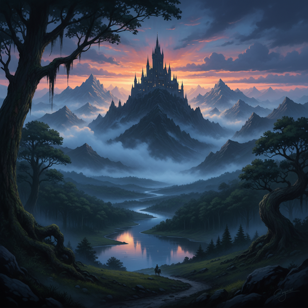Medieval fantasy landscape with dramatic clouds and castle silhouette at dusk