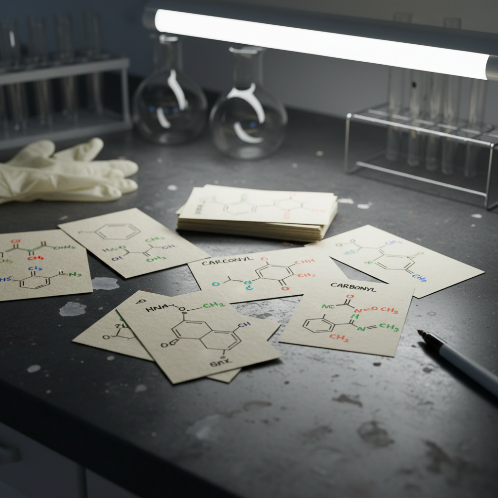 Periodic table elements and atomic structure diagrams under bright laboratory lighting