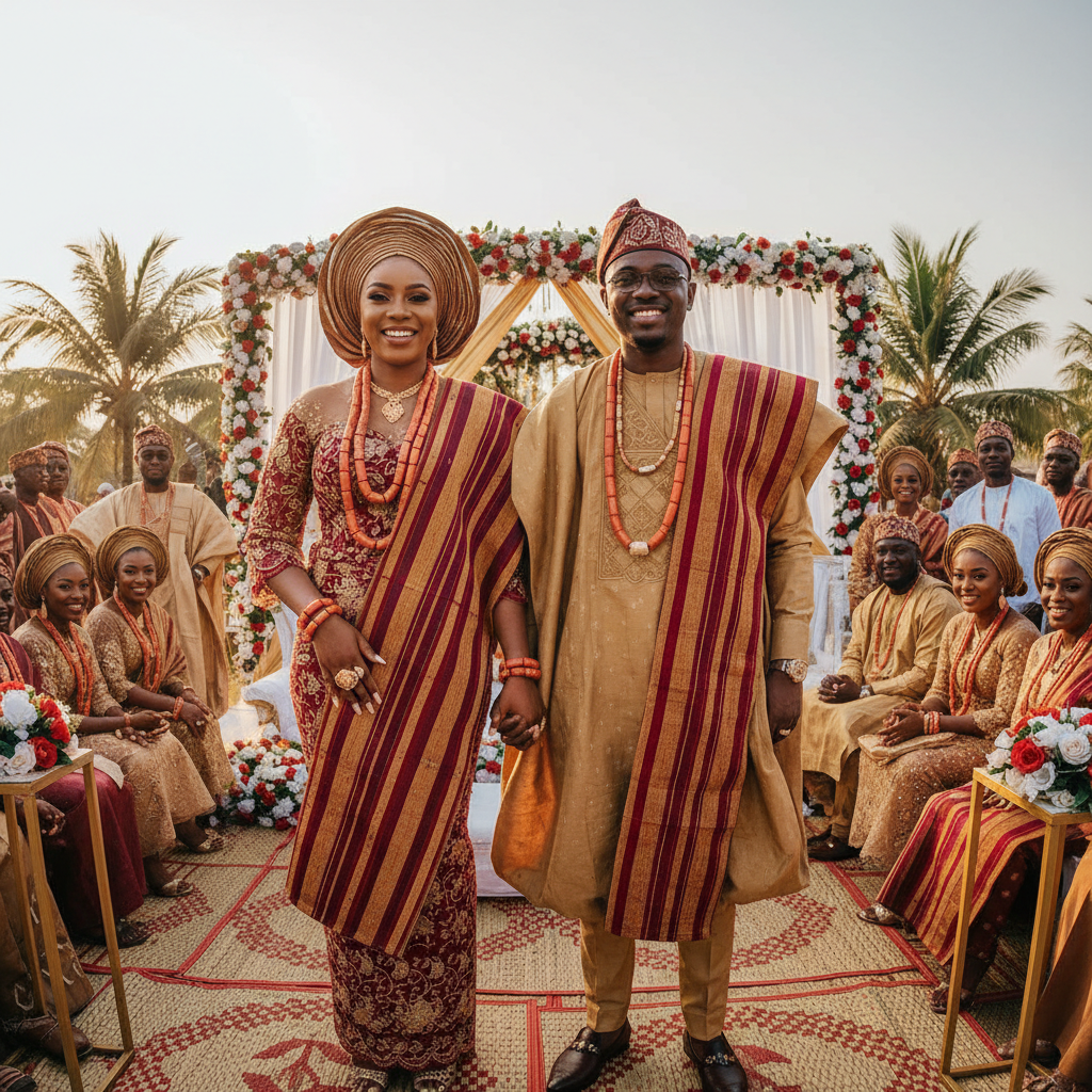 Nigerian couple at wedding ceremony, traditional Yoruba attire, joyful expressions, warm outdoor lighting