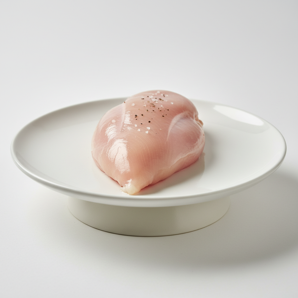 Raw boneless chicken breast on clean white surface, bright studio lighting