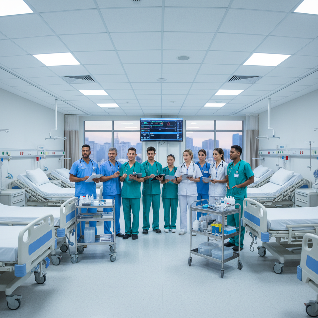 Diverse Indian healthcare team — doctors and nurses in modern hospital corridor, bright natural light