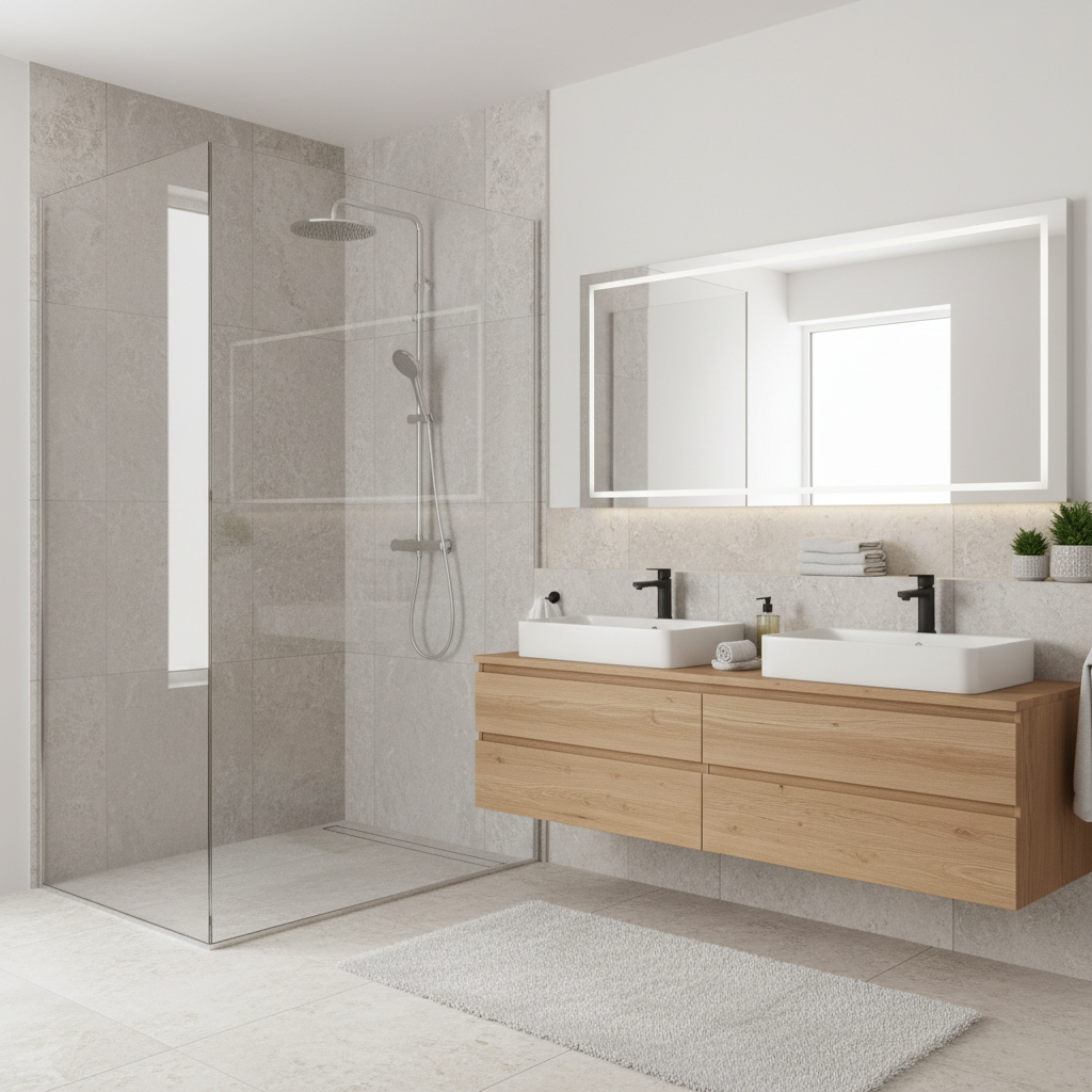Salle de bain rénovée, douche à l'italienne, carrelage gris anthracite