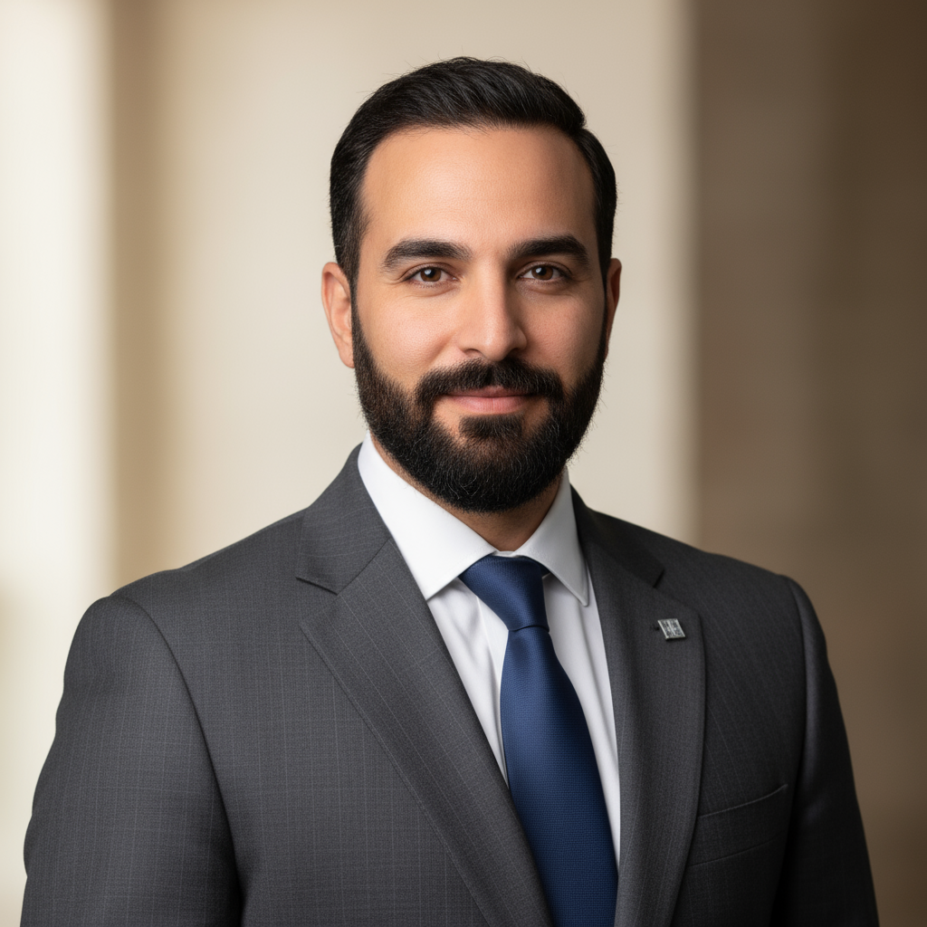 Professional headshot of Middle Eastern businessman in navy suit with confident smile