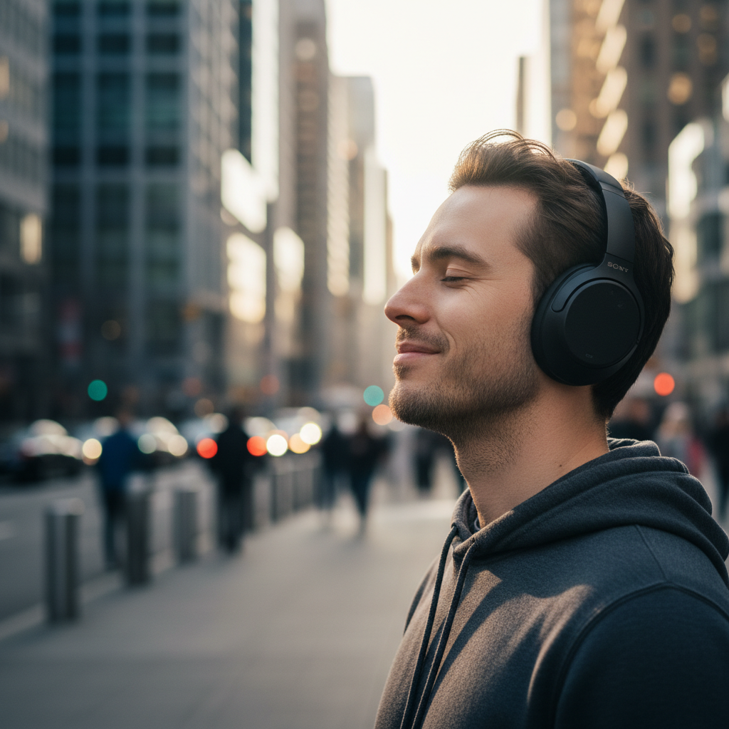 Sony headphones worn by person in urban setting