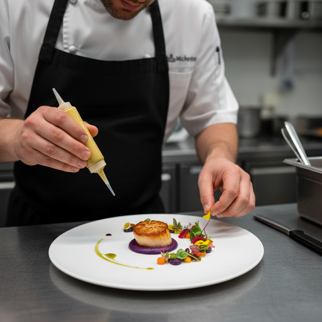 Chef hands carefully plating a colorful vegetable dish in the kitchen