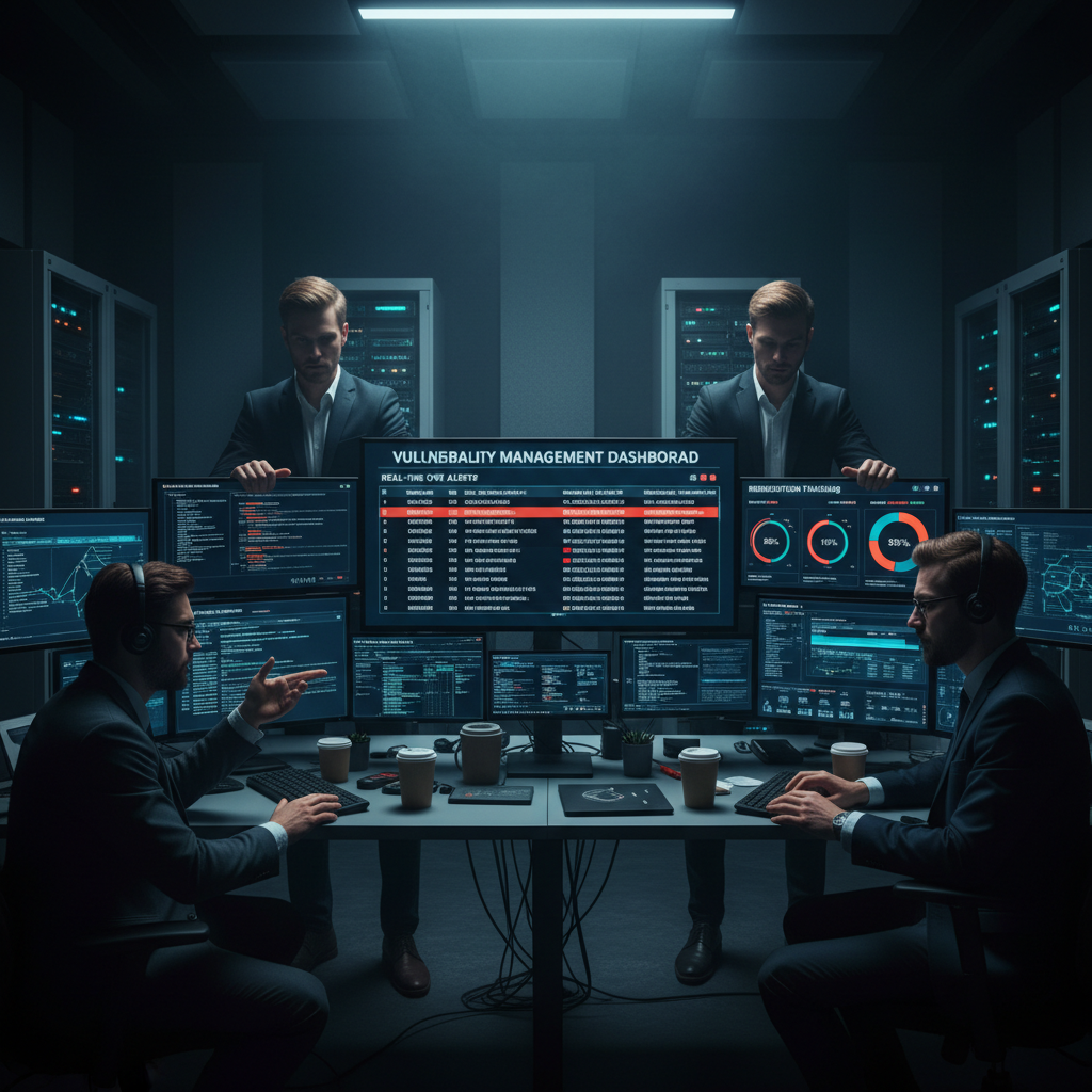 Security operations team monitoring continuous vulnerability management dashboard showing real-time CVE alerts and remediation tracking metrics