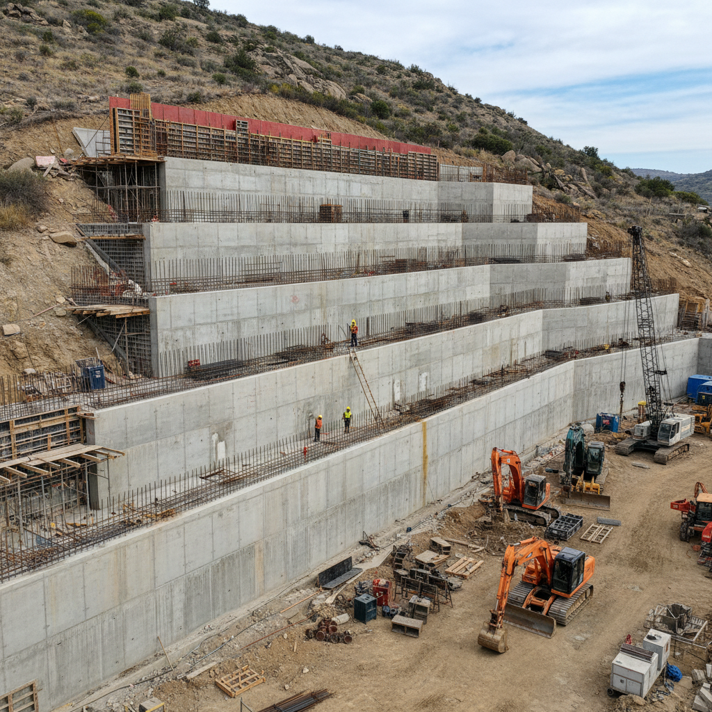 Highway roadside concrete retaining wall, long stretch, professional finish, daylight construction site