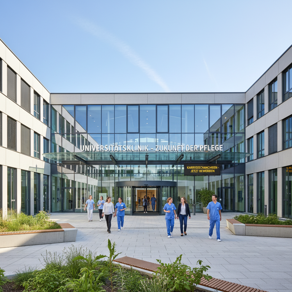 German hospital building exterior representing nursing career opportunities