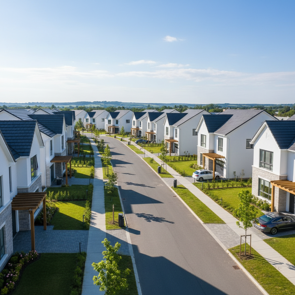 Aerial view of Orange County California residential neighborhood with well-maintained homes, lush landscaping, and clear blue sky