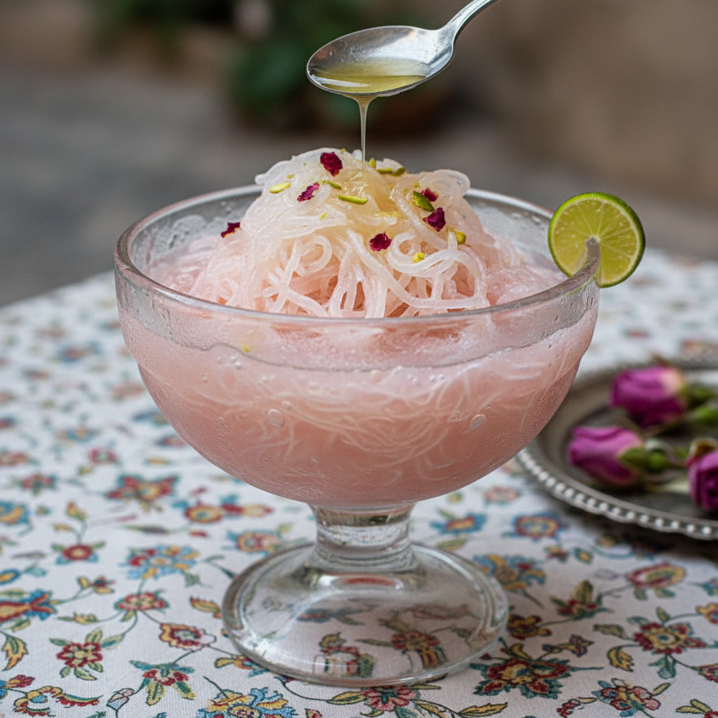 Colorful falooda dessert with rose syrup, noodles, and kulfi in a tall glass