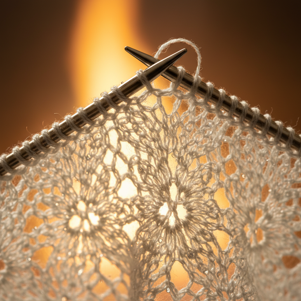 Close-up of delicate lace knitting with fine silk yarn being worked on metal needles under warm studio light