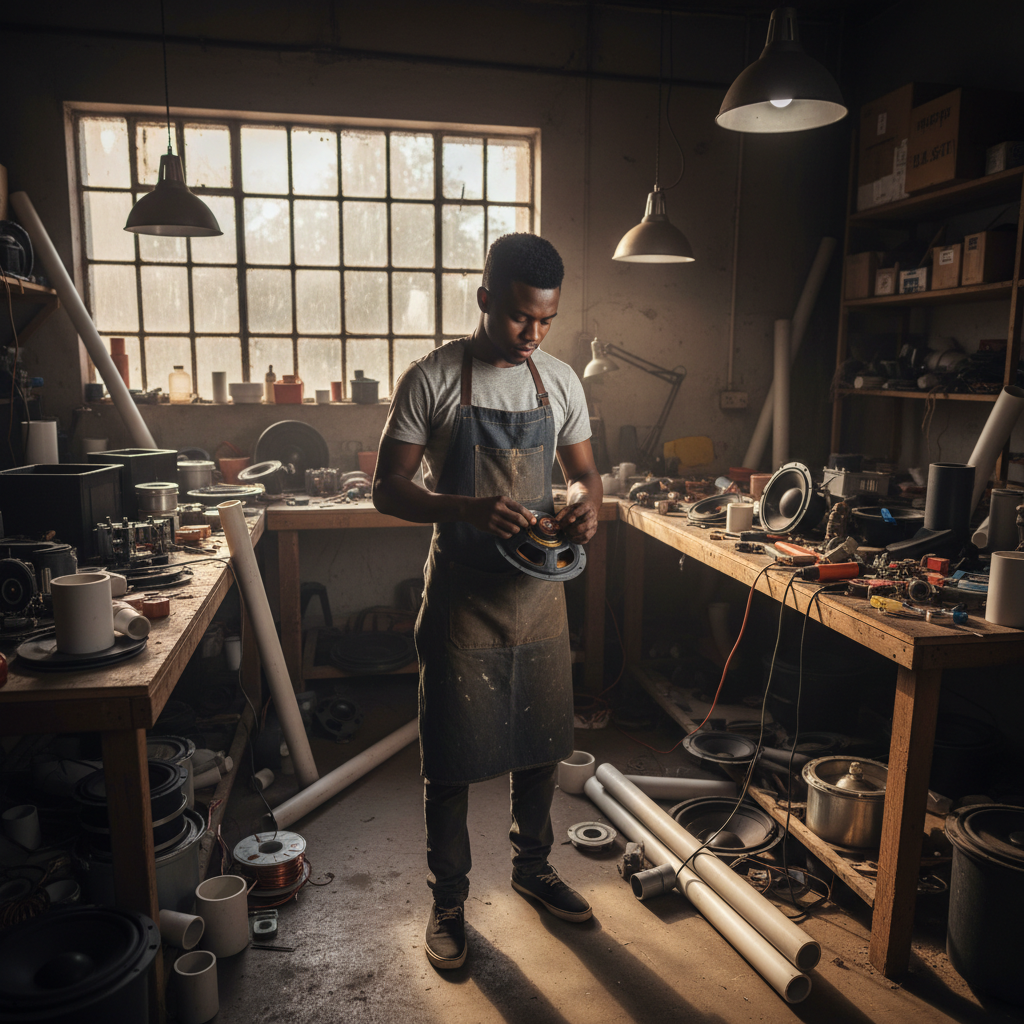 Young South African entrepreneur in a workshop with speaker components and PVC pipes, warm workshop lighting
