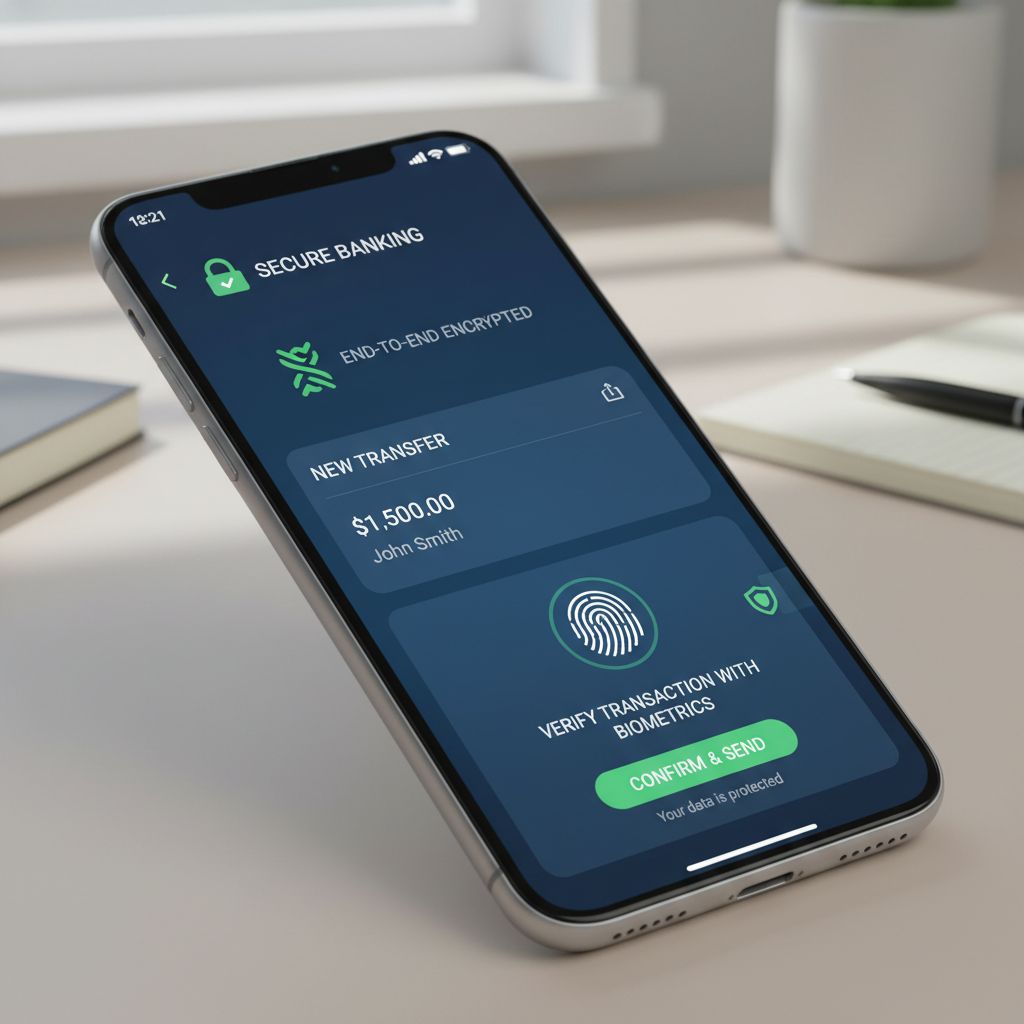 Mobile banking app interface showing financial dashboard with charts on smartphone screen