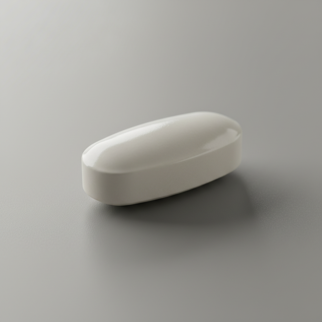 Coated pharmaceutical tablet with smooth satin polymer film catching controlled light source showing flawless uniform surface