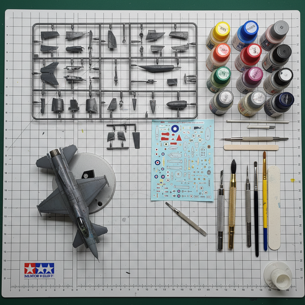 Sprue box contents spread on cutting mat — model runners, paints, tools, decal sheet, and finished built model