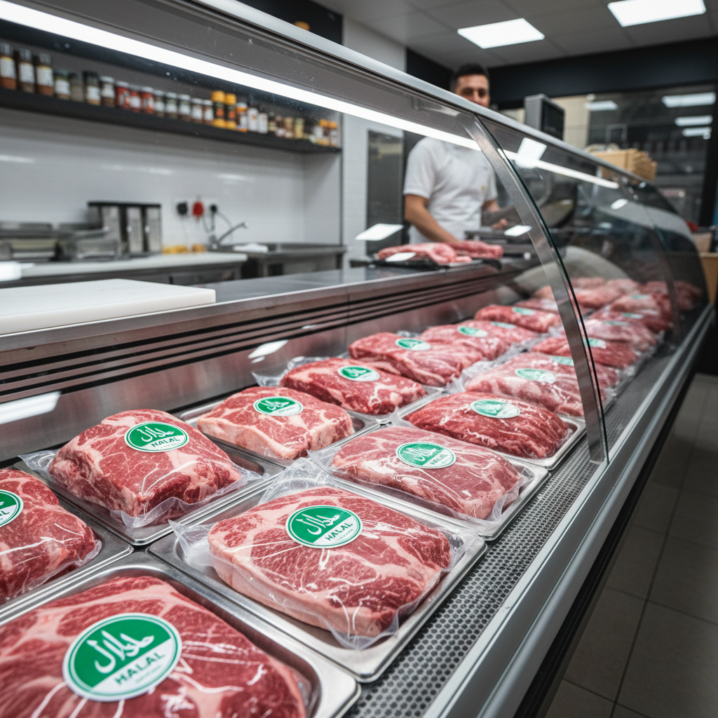 Halal meat and food products on display in store