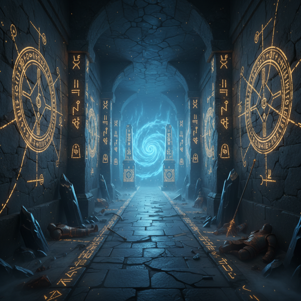 Dark fantasy dungeon with glowing blue magical runes on stone floor and spectral light emanating from portal