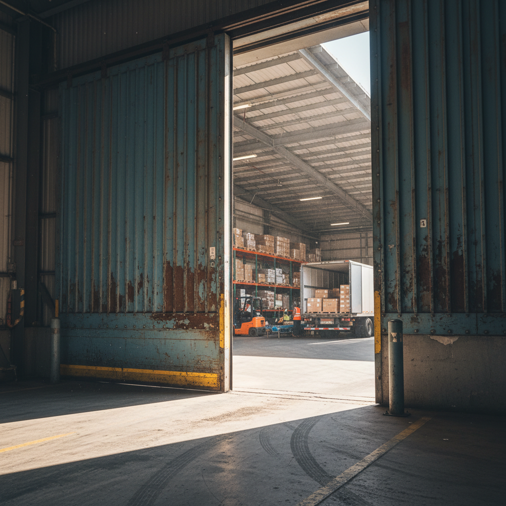 Large industrial sliding door at loading dock of logistics warehouse