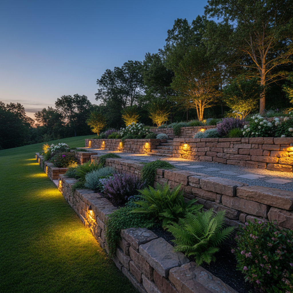 Stone retaining wall with planted terraces and green lawn in professionally landscaped yard