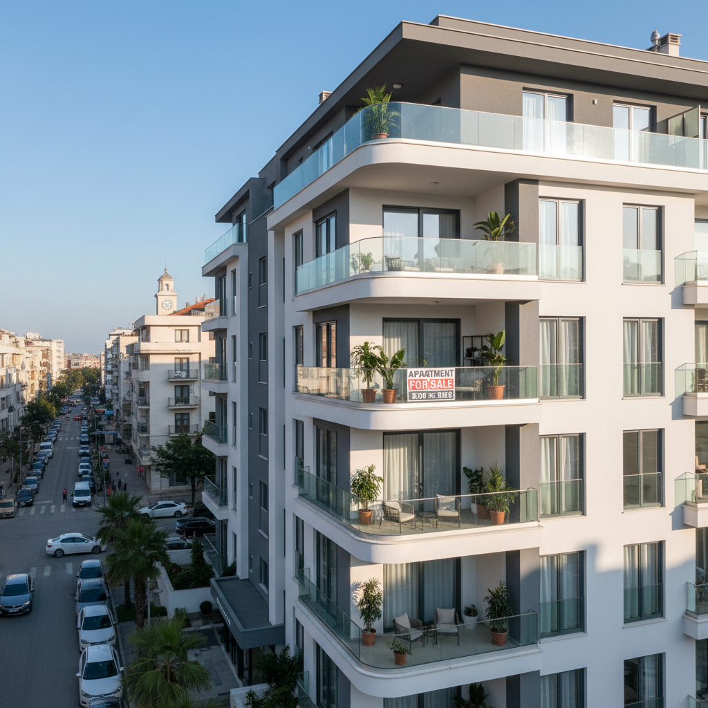 Modern apartment building exterior with for rent and for sale signs