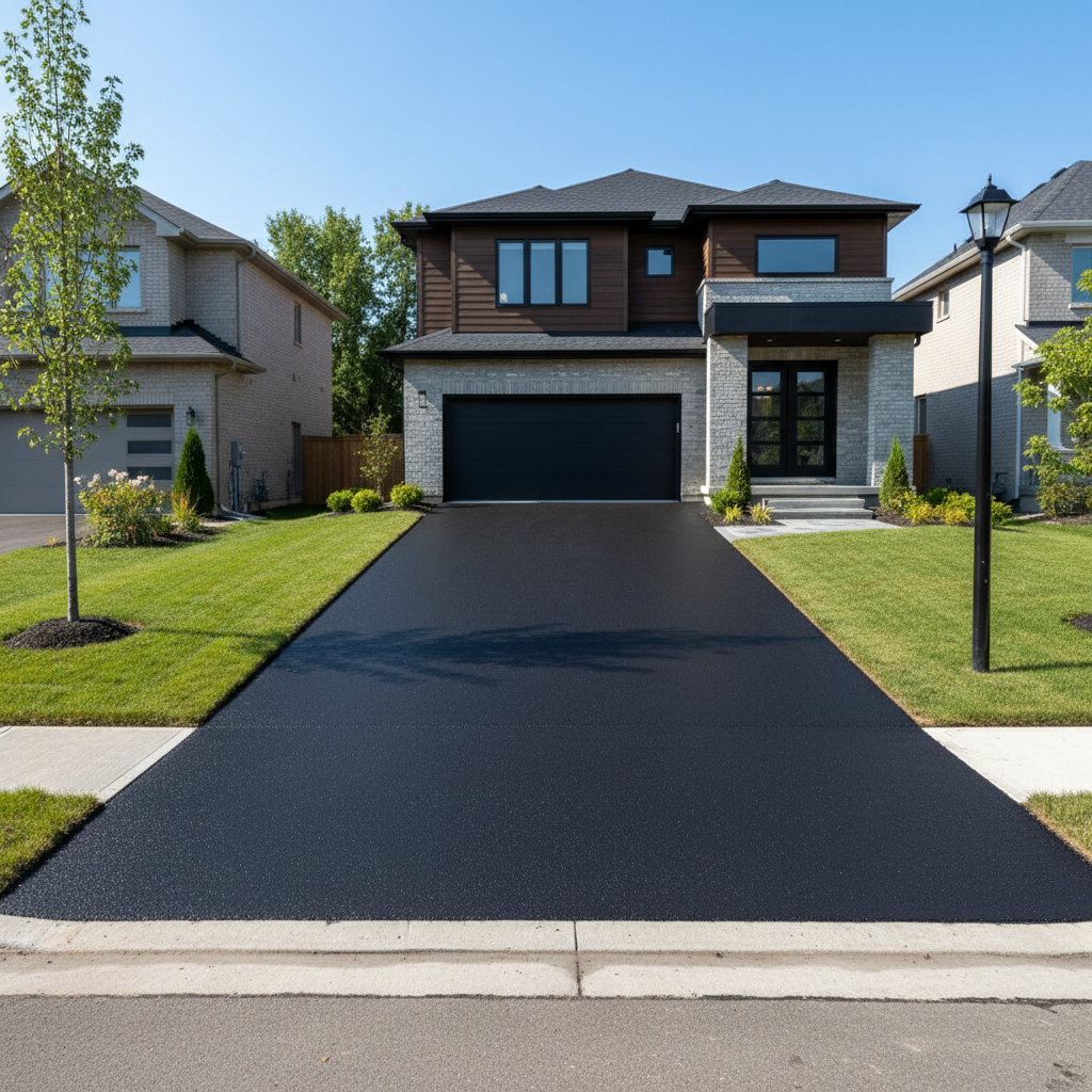 Freshly completed residential asphalt driveway in a Sydney suburb — smooth black surface with clean cut edges to the property boundary