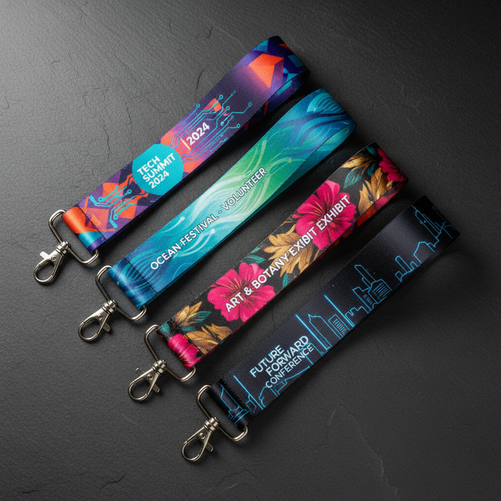 Event lanyards with full-color double-sided printing laid out on dark surface