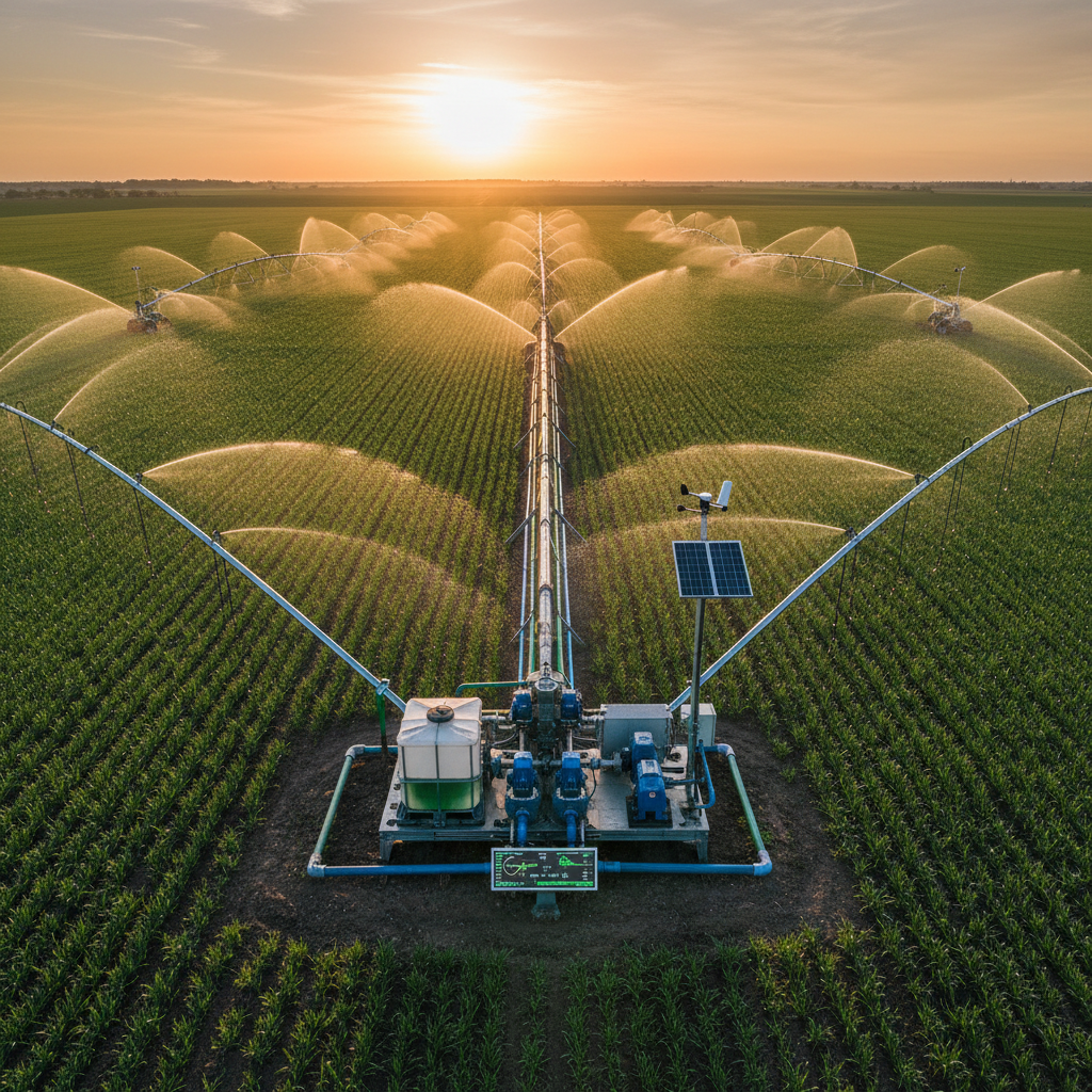 Système d'irrigation solaire Sénégal, champs verts irrigués, pompes solaires submersibles en fonctionnement