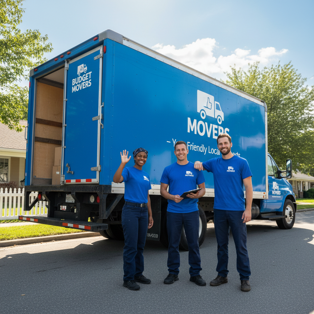 Professional movers in blue uniforms carefully loading furniture into moving truck with protective blankets