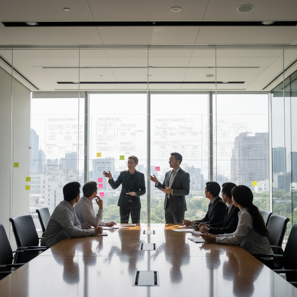 Corporate office meeting room with glass walls, bright natural lighting, business executives in discussion